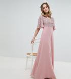 Maya Petite Sequin Top Maxi Bridesmaid Dress With Flutter Sleeve Detail - Pink