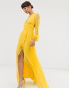 Asos Design Maxi Dress With Smocking And Balloon Sleeve-yellow