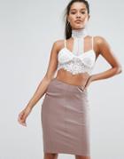 Naanaa High Neck Crop Top In Lace With Choker Detail - Cream