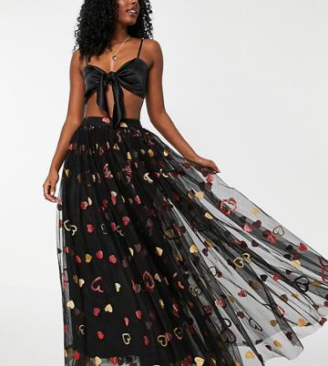 Lace & Beads Exclusive Statement Tulle Maxi Skirt In Black And Red Heart