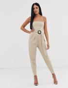 Asos Design Bandeau Scuba Jumpsuit With Belt-beige