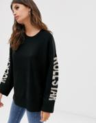 Religion Oversized Sweater With Rock And Roll Slogan - Black