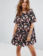 Reclaimed Vintage Inspired Festival Drop Waist Smock Dress In Fish Print - Black