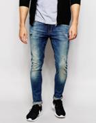 Asos Super Skinny Jeans With Abrasions - Mid Blue