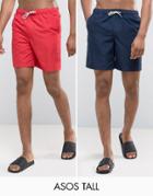 Asos Tall Mid Length Swim Shorts In Navy And Red 2 Pack Save - Multi