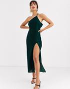 Asos Design One Shoulder Midaxi Dress In Velvet With Drape Back-green