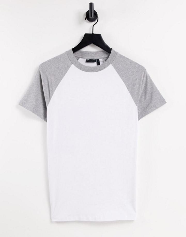 Asos Design White Muscle Fit Raglan T-shirt With Contrast Sleeves In Gray Heather