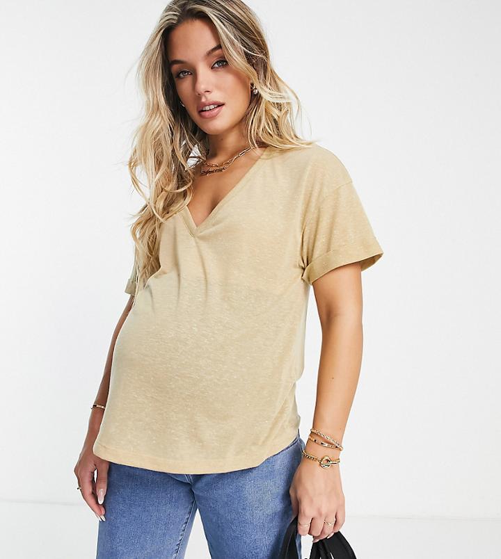Asos Design Maternity Boxy T-shirt In Linen Mix In Stone-gray