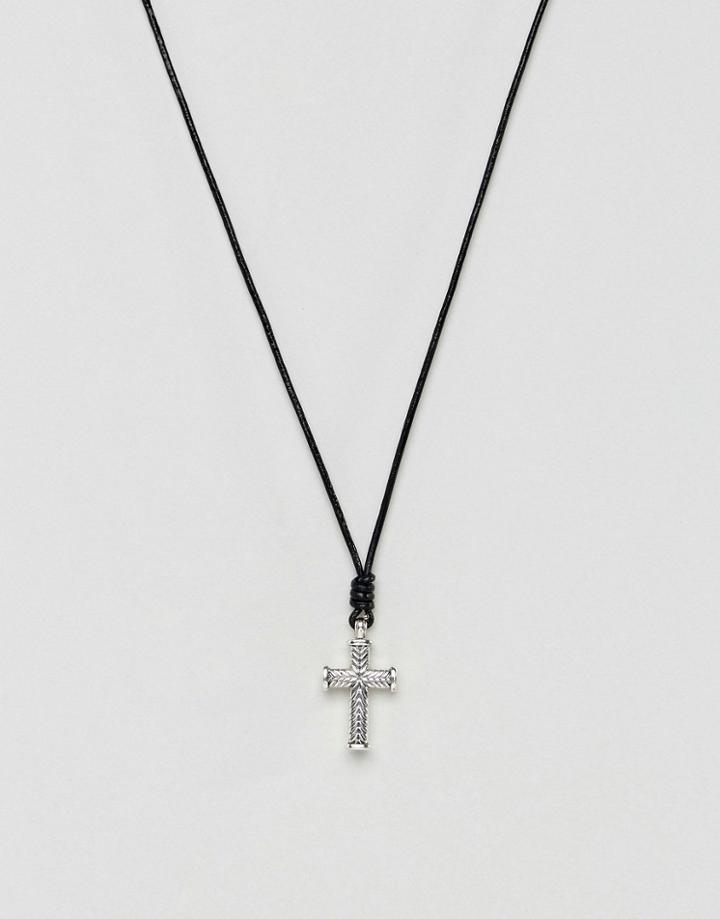 Icon Brand Black Leather Necklace With Silver Cross Pendant - Silver