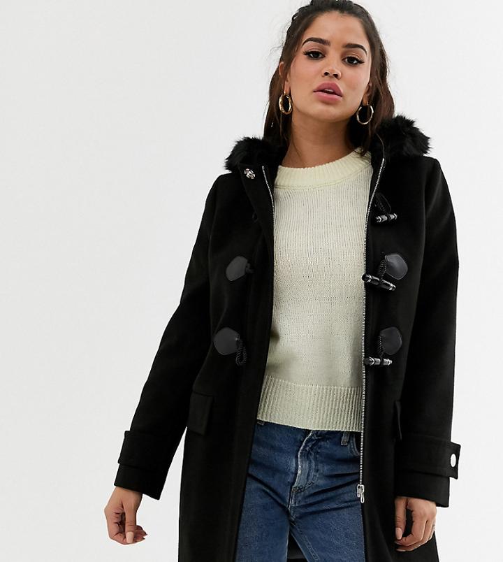 Asos Design Petite Duffle Coat With Faux Fur Trim In Black - Black