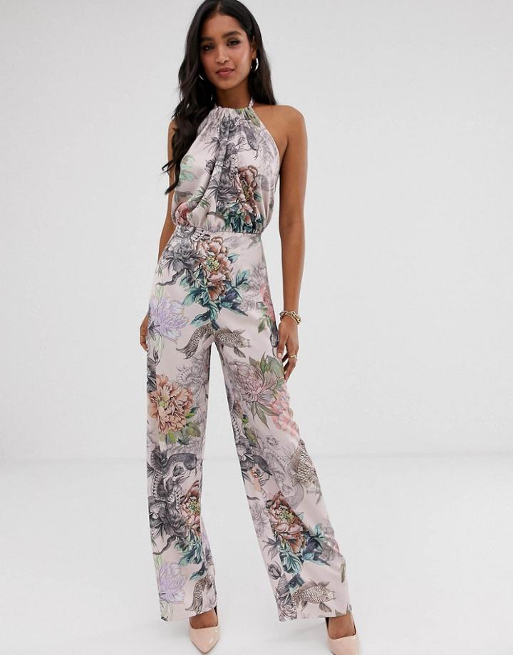 Asos Design Satin Halter Open Back Jumpsuit In Print - Multi