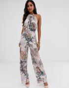 Asos Design Satin Halter Open Back Jumpsuit In Print - Multi