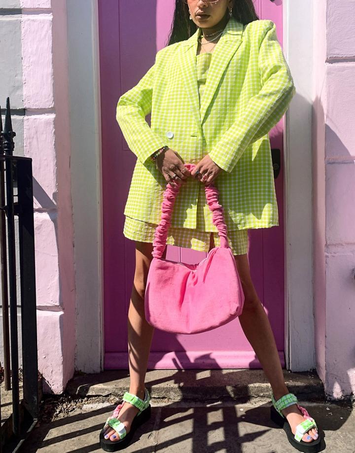 Urban Threads Double Breasted Coordinating Blazer In Lime Gingham-green
