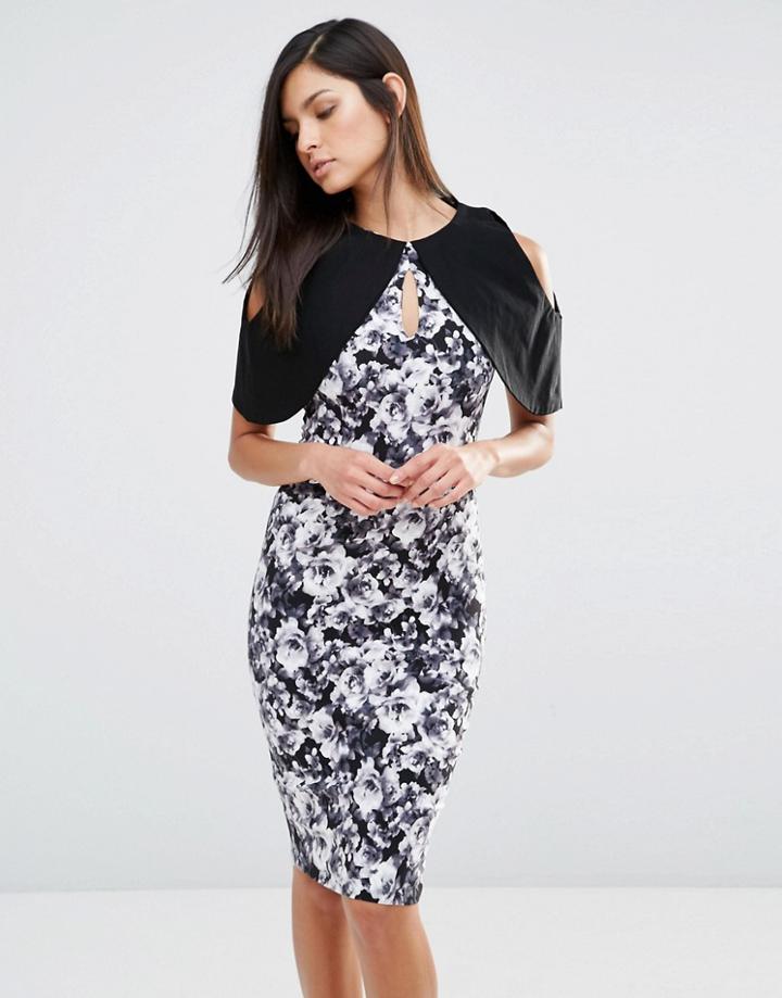 Vesper Cape Sleeve Monochrome Floral Print Pencil Dress - Black