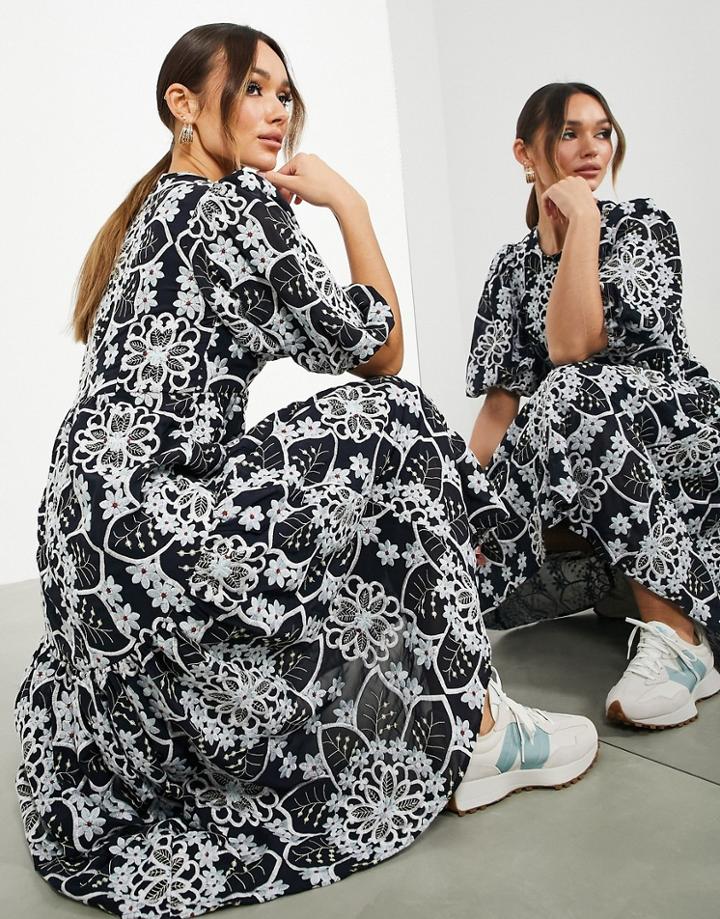 Asos Edition Geo Floral Embroidered Midi Dress With Tiered Hem In Navy