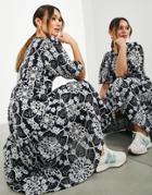 Asos Edition Geo Floral Embroidered Midi Dress With Tiered Hem In Navy