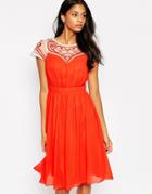 Little Mistress Midi Skater Dress With Embroidred Sweetheart Neckline - Red