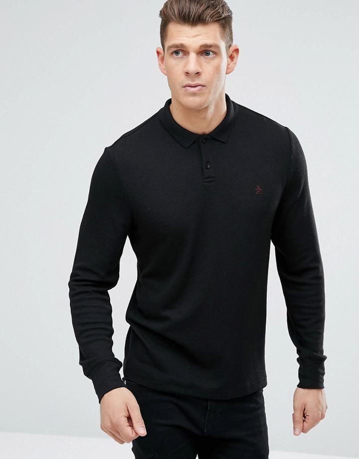Original Penguin Waffle Polo Long Sleeve Regular Fit In Black - Black