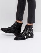 Office Academic Leather Stud Buckle Boots - Black
