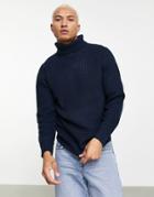 Pull & Bear Ribbed Roll Sweater Neck In Navy