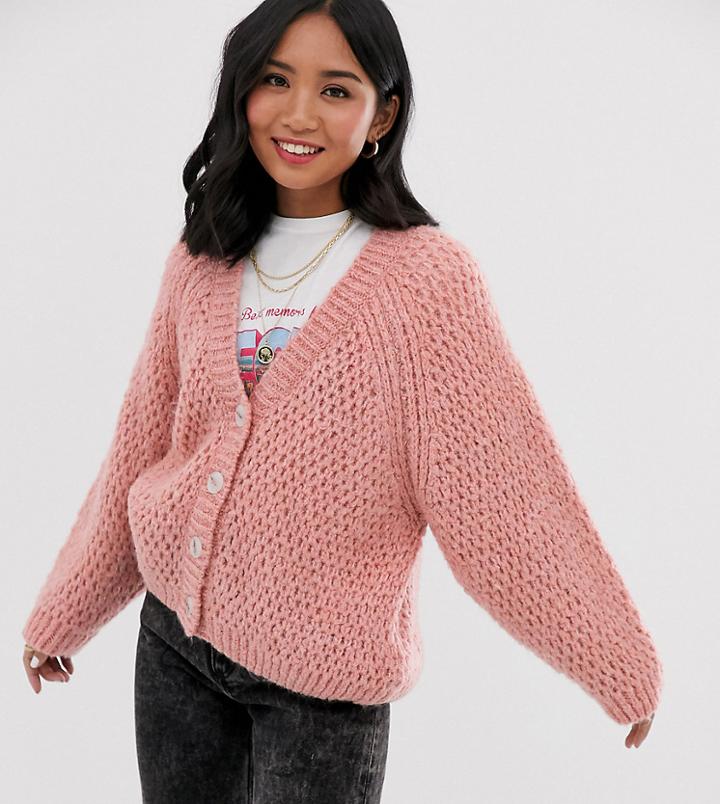 Asos Design Petite Waffle Stitch Cardigan With Volume Sleeve-pink