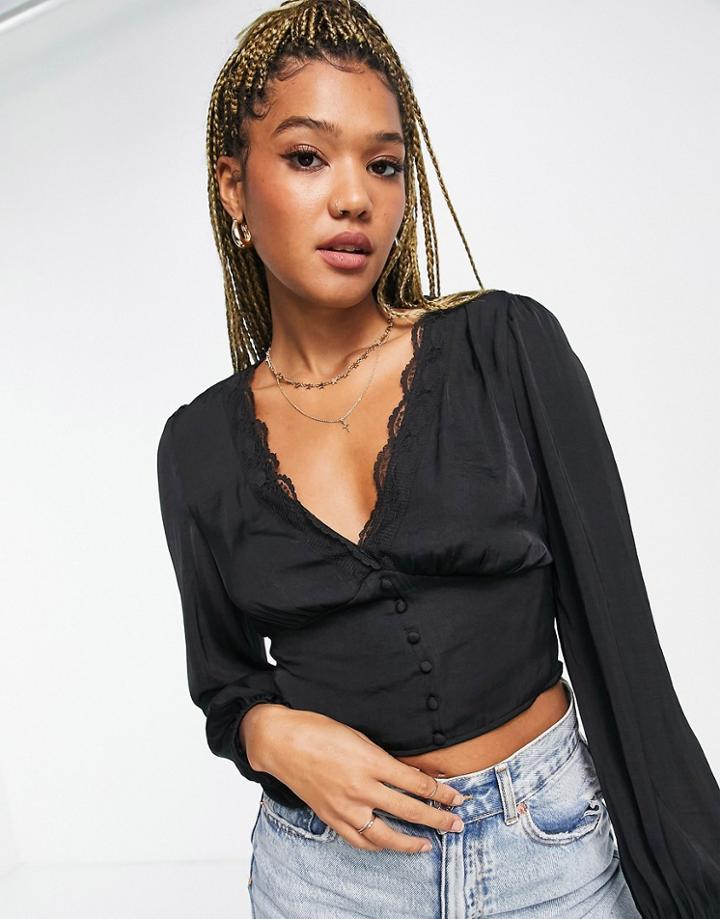 Stradivarius Satin Button Detail Romantic Blouse In Black