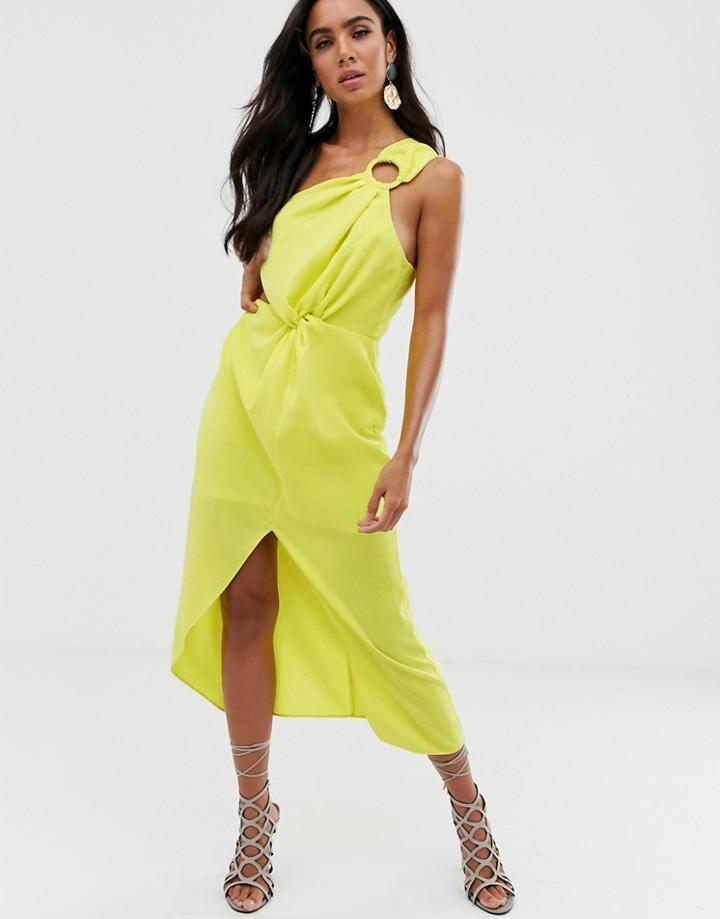 Asos Design Midi Dress With One Shoulder Ring Detail And Hitched Waist - Green