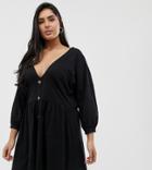 Asos Design Curve 3/4 Sleeve Smock Dress With Buttons And Waist Panel-black