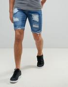 Always Rare Donny Denim Short Mid Wash Rips - Blue