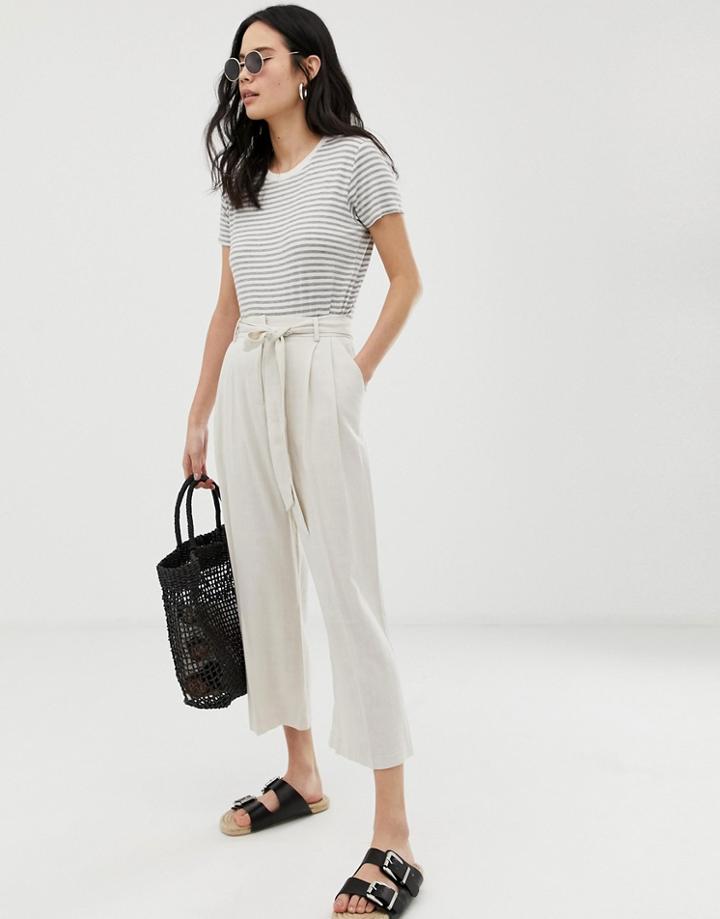 Asos Design Linen Touch Culottes With Tie Waist And Turn Up - Cream
