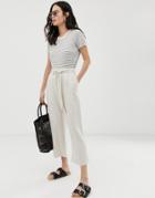Asos Design Linen Touch Culottes With Tie Waist And Turn Up - Cream