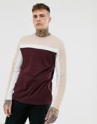 Asos Design Long Sleeve T-shirt With Color Block Panels In Burgundy-red