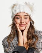 River Island Double Pom Pom Cable Knit Beanie In White-pink