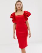 Lavish Alice Signature Double Frill Sleeve Bardot Scuba Dress - Red