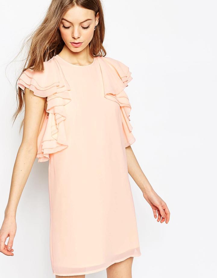Asos Ruffle Mini Shift Dress - Nude
