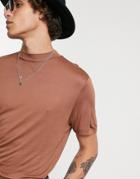 Asos Design T-shirt With Turtleneck In Drapey Viscose In Brown