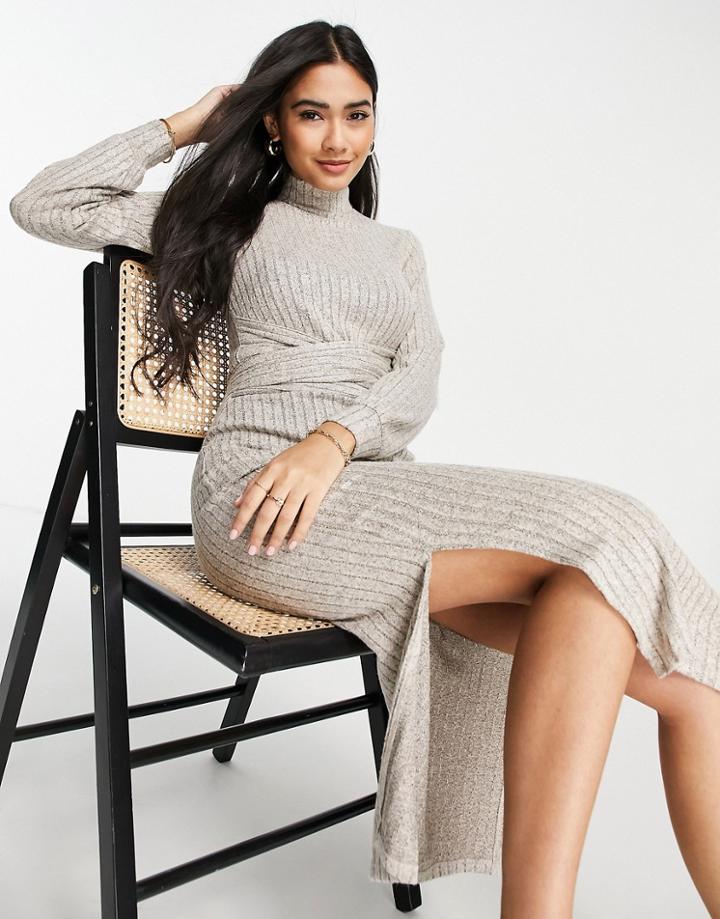 River Island Cozy High Neck Midi Dress In Beige-neutral