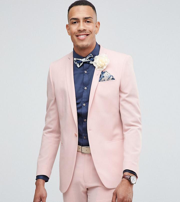 Asos Tall Wedding Skinny Suit Jacket In Pink Cross Hatch With Printed Lining - Pink