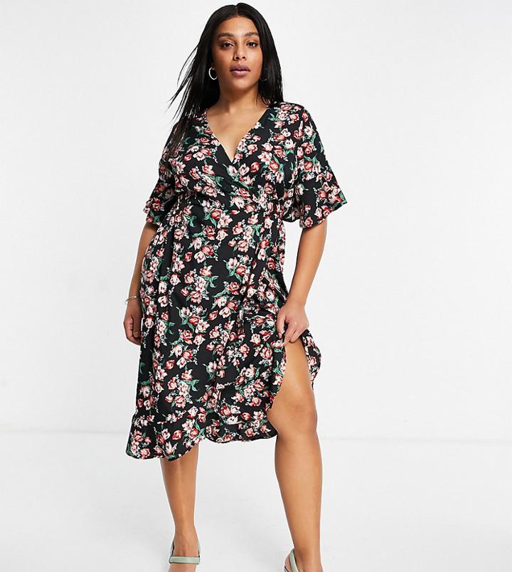 Ax Paris Plus Ruffle Midi Wrap Dress In Floral-multi