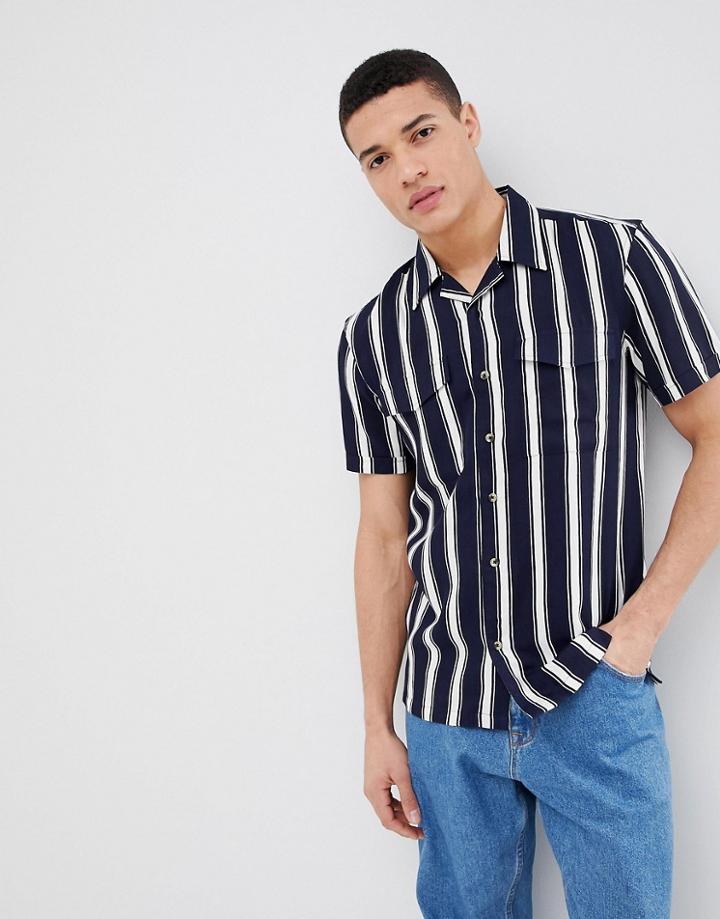 Bellfield Short Sleeve Shirt With Vertical Stripe - Navy