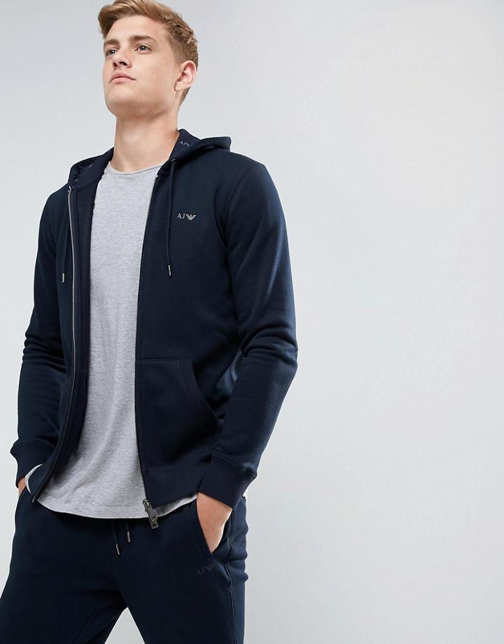 Armani Jeans Zip Through Hooded Logo Sweat Navy - Navy