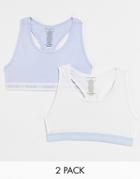 French Connection Fcuk 2 Pack Crop Tops With Logo Tape In White And Saltwater Blue-multi