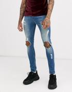 Asos Design Super Skinny Jeans In Green Cast Blue With Open Rips