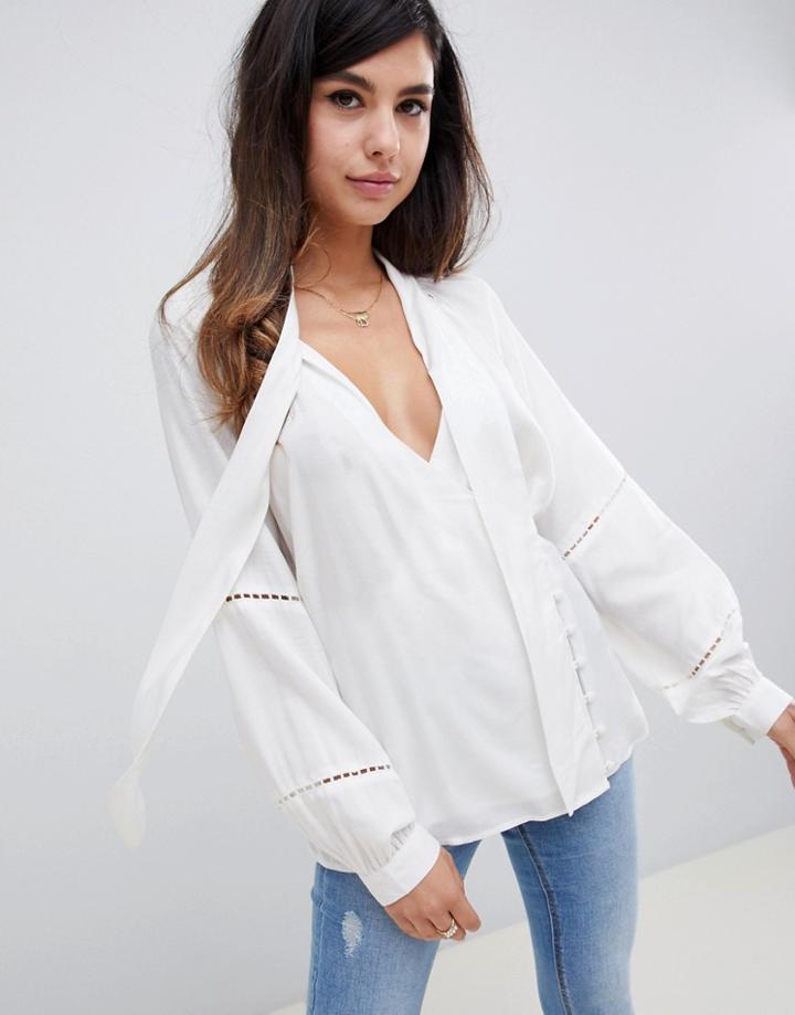 Asos Design Wrap Top With Button Detail And Tie Neck - Black