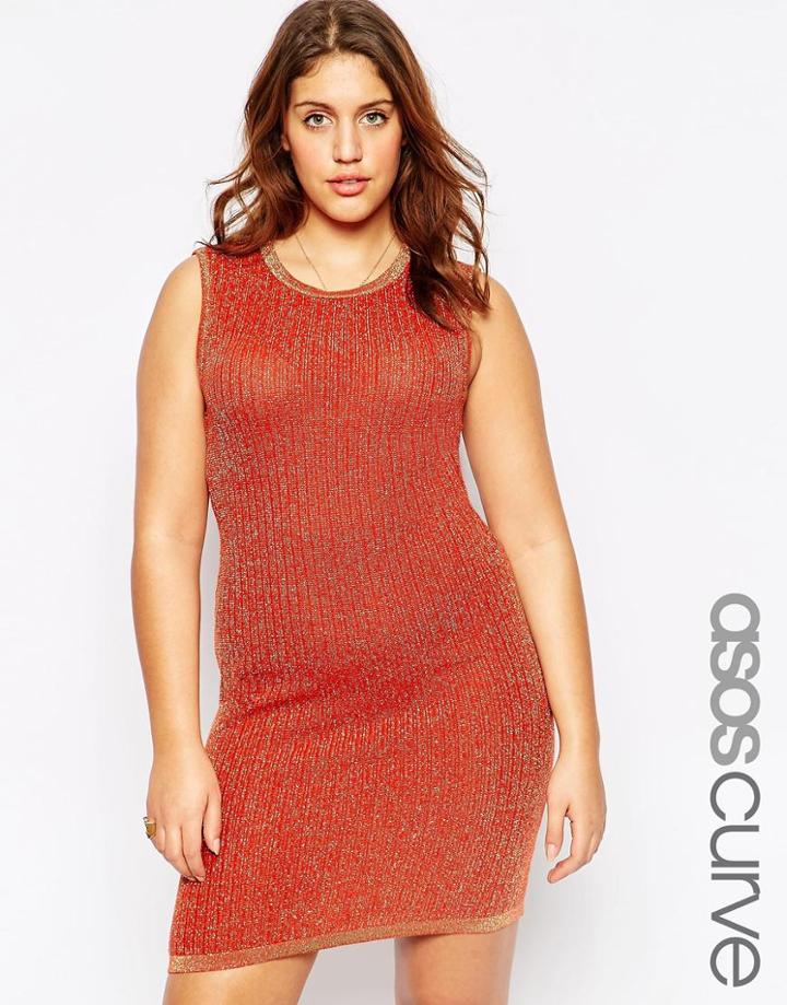 Asos Curve Body-conscious Dress In Metallic Yarn - Rust
