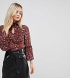 Parisian Petite Pussy Bow Floral Blouse - Red