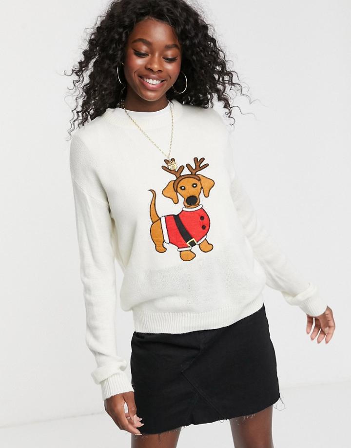 Brave Soul Christmas Sweater With Daschund Applique-cream