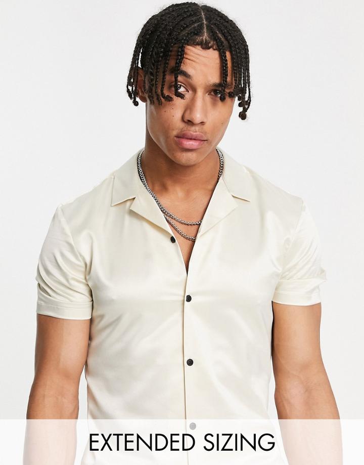 Asos Design Skinny Satin Shirt In Champagne-neutral
