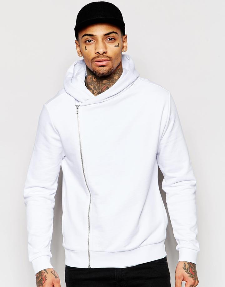 Asos Asymmetric Zip Up Hoodie In White - White