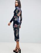 Asos Design Printed Velvet City Maxi Dress With Open Back-multi
